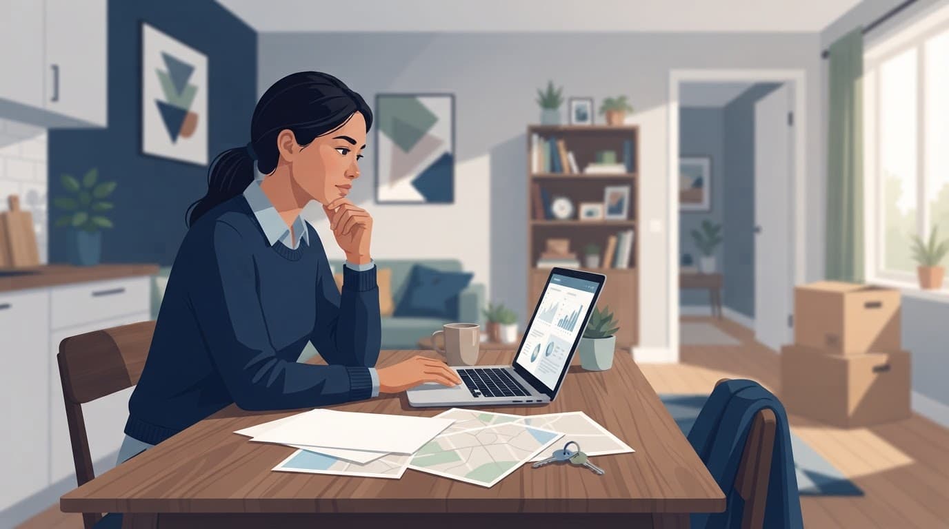 A physician reviews home-buying papers beside a laptop and keys at a kitchen table.