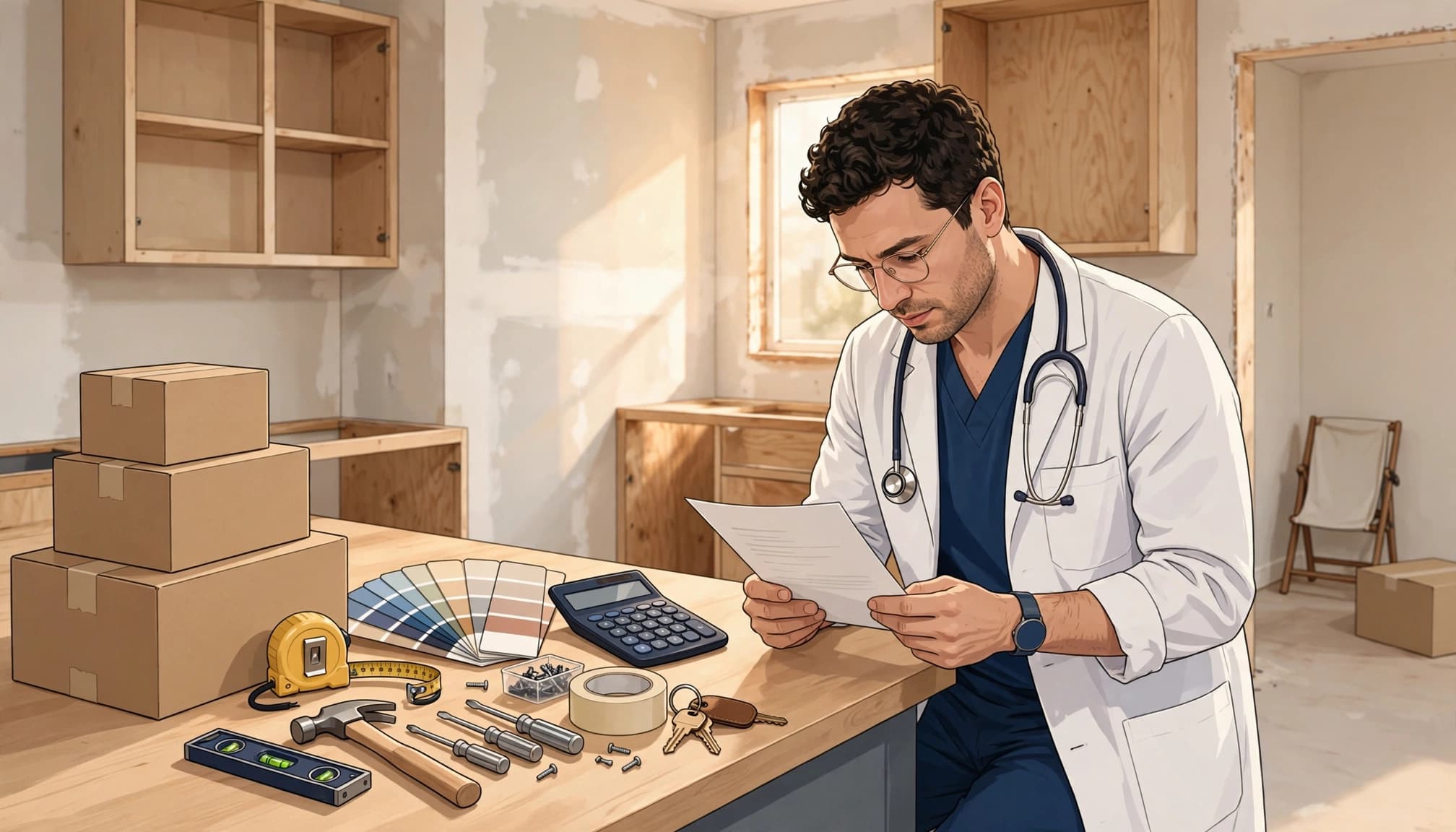 A physician reviews home costs beside keys, tools, paint samples, and unopened supply boxes.