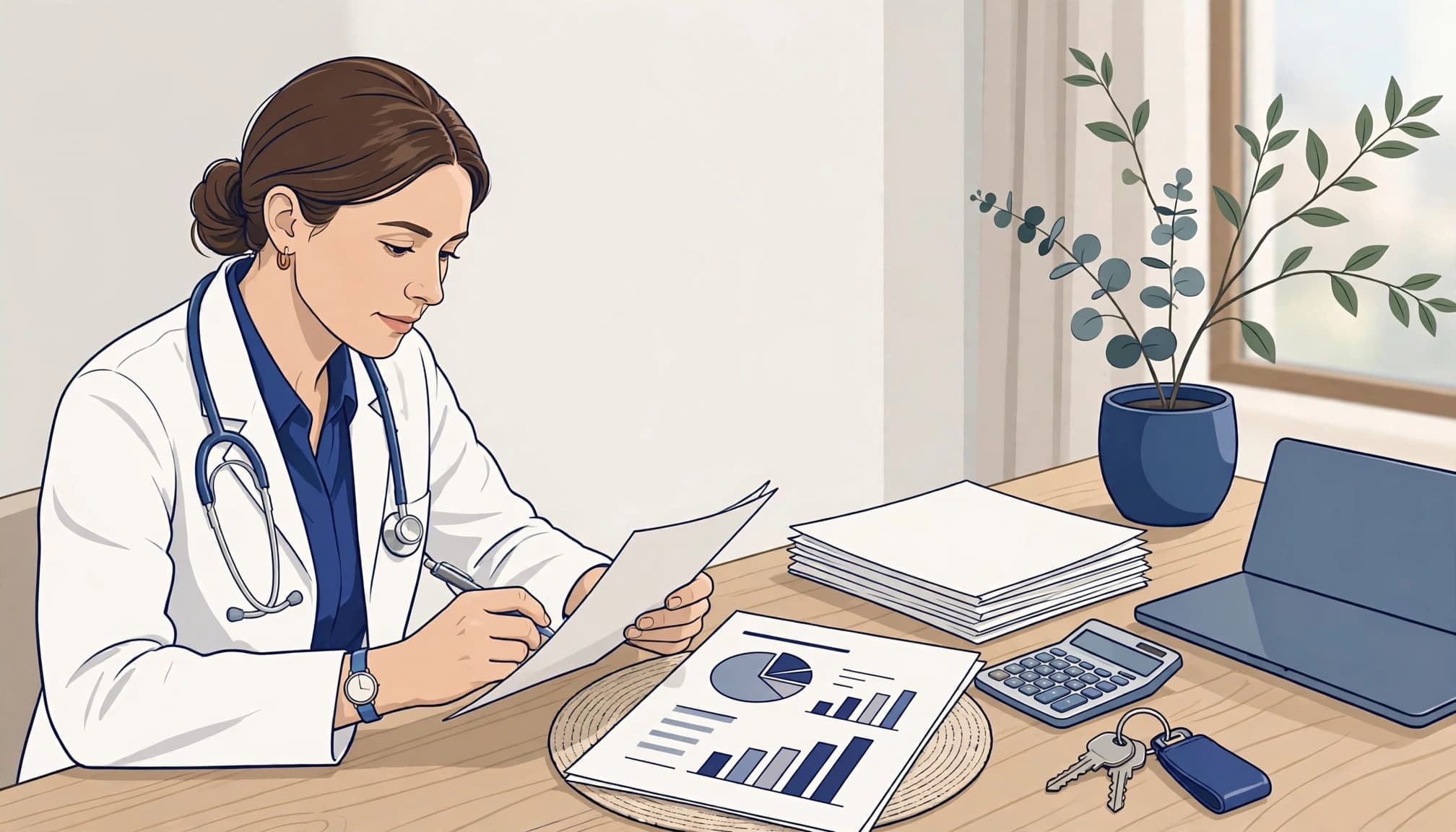 A physician reviews home-buying papers beside a calculator, keys, and closed laptop.