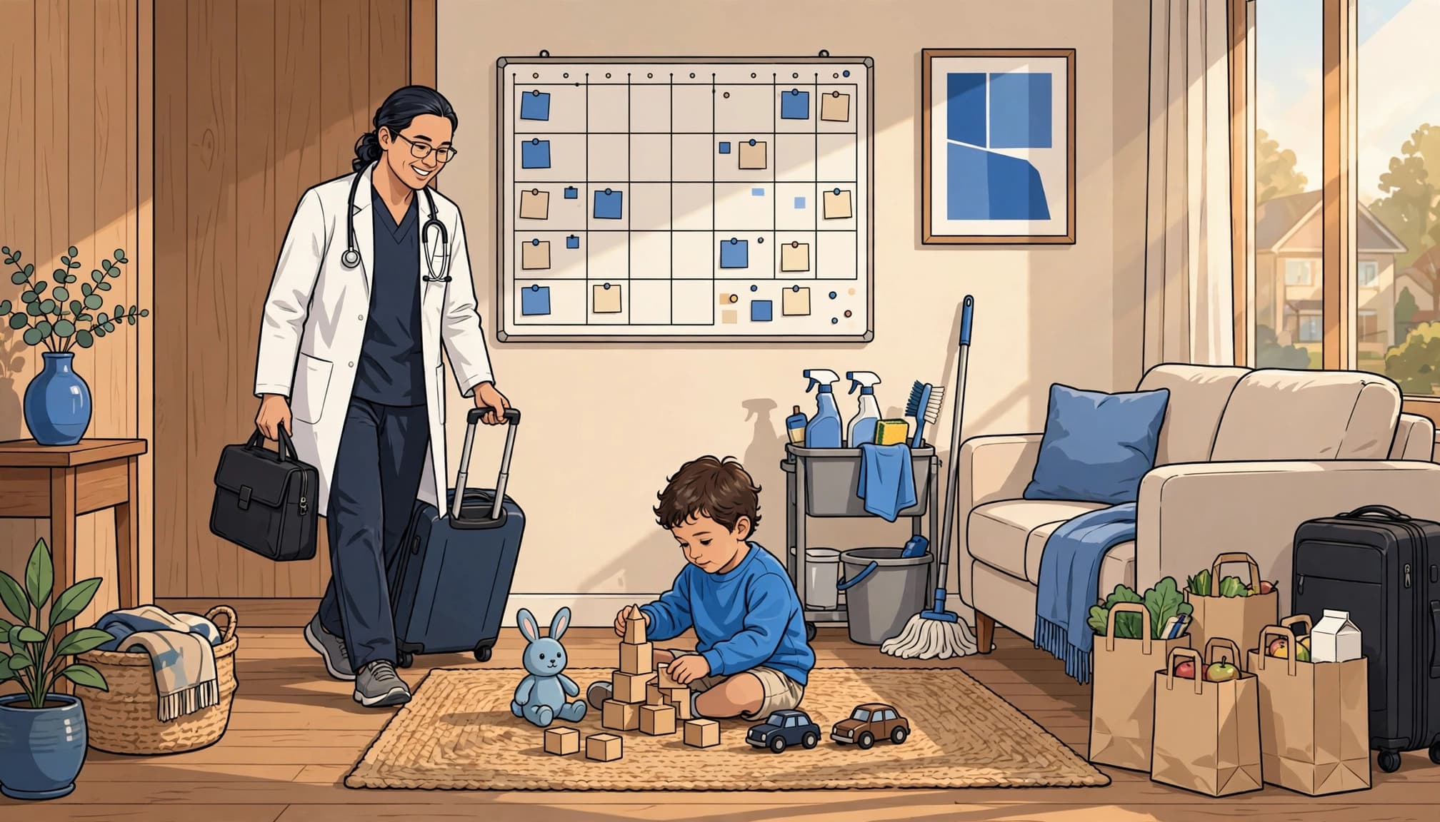 A physician parent returns home while a child plays near luggage, groceries, and neatly arranged cleaning supplies.