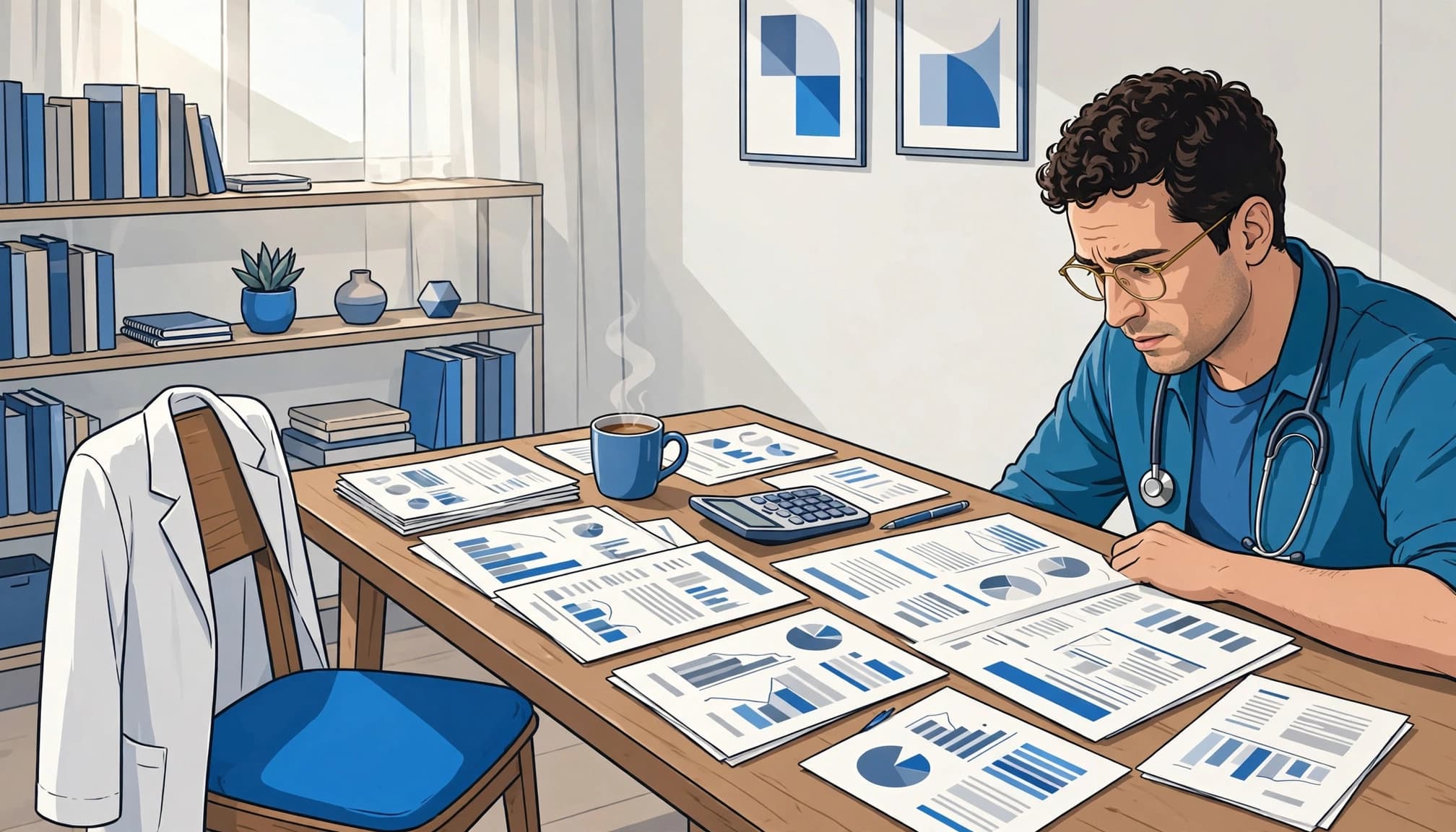 A physician reviews household budget papers beside a calculator and coffee mug.