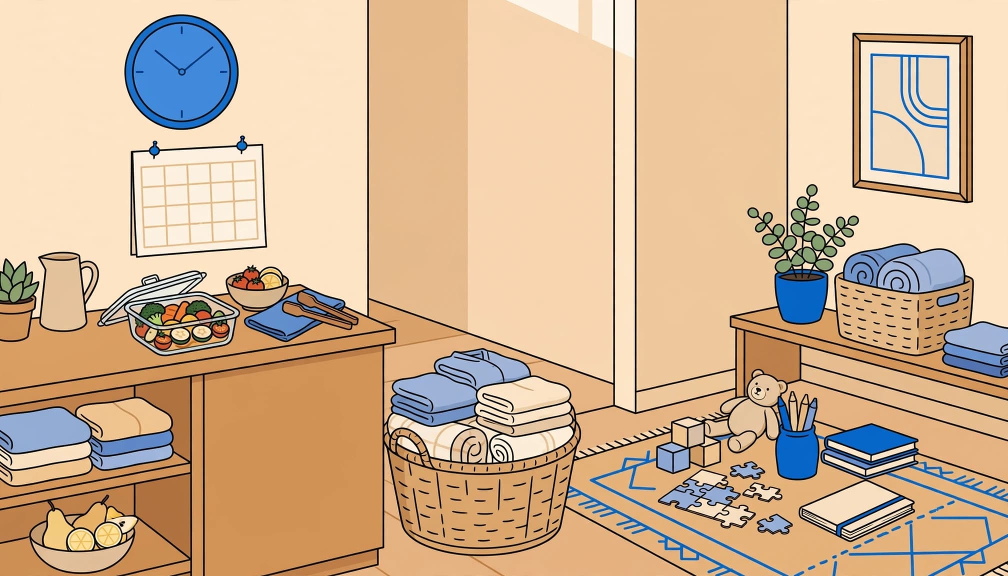 A blue clock overlooks a prepared meal, folded laundry, and a small activity corner.