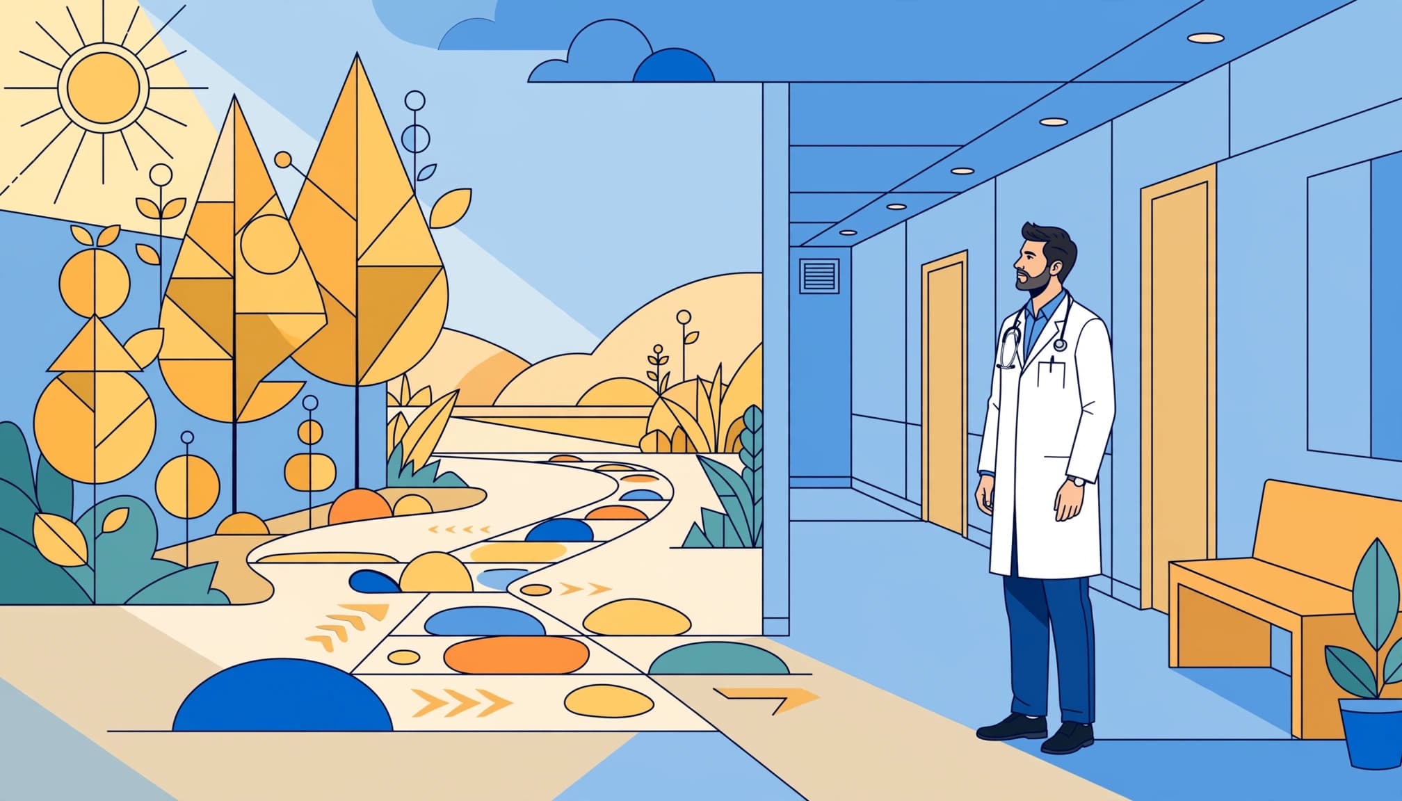 A physician stands beside a branching path and geometric trees in a sunlit corridor.