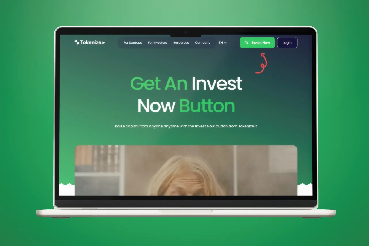 Laptop displaying a website with a green gradient background, "Get An Invest Now Button" text, and navigation links. Emphasizes investment promotion.