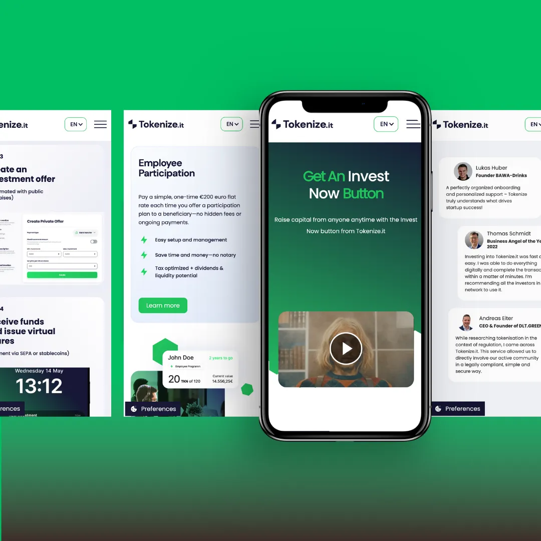 A series of Tokenize.it app screens on a green background. The central phone screen features the text 'Get An Invest Now Button' with video thumbnail below. Flanking screens display investment offer details and user testimonials. Bright, modern design conveys innovation and ease of use.