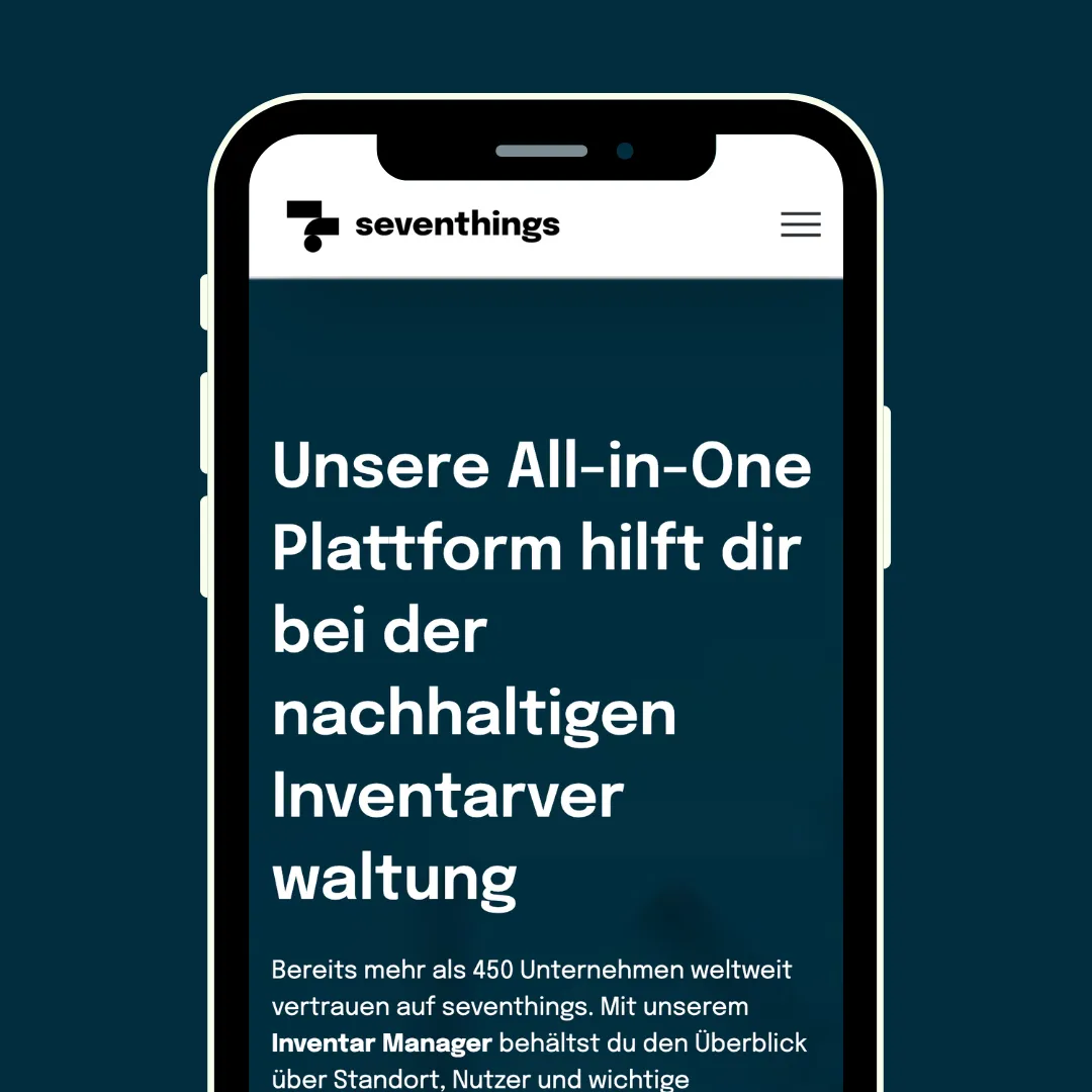 Mobile phone screen showing a German app, "seventhings," offering an all-in-one platform for sustainable inventory management. Clean, modern design.