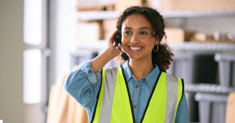 a warehouse worker listening and talking using headset