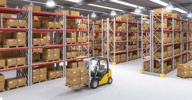 a warehouse storage with forklift and bunch of boxes