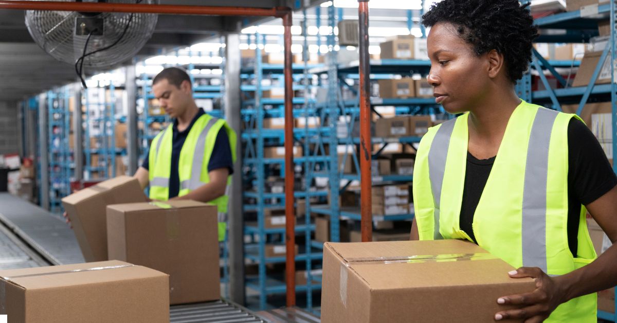 a warehouse worker picking boxes up through a conveyor