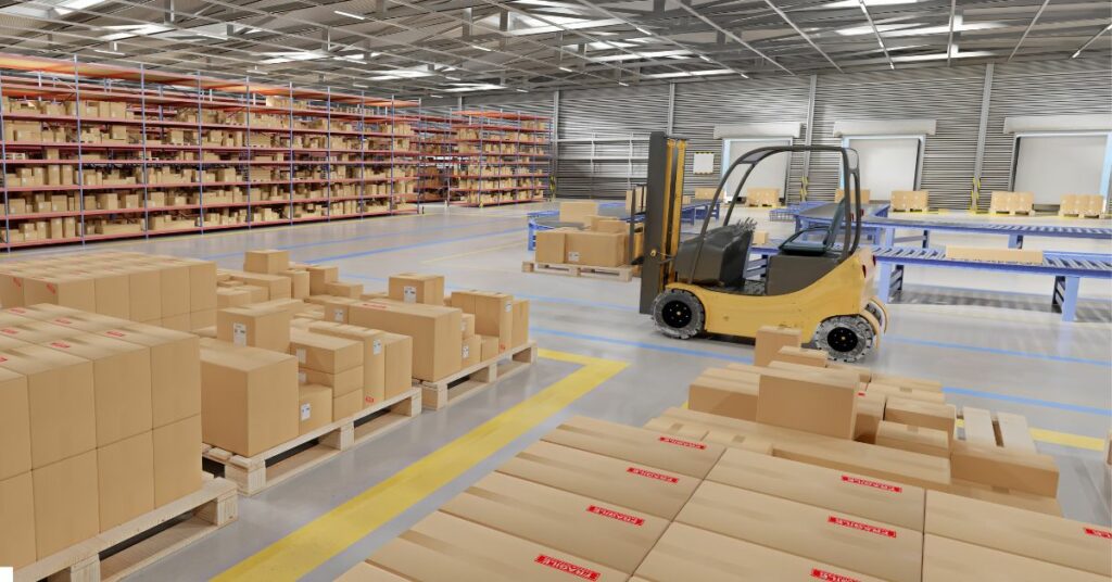 a warehouse with a forklift in the middle and bunch of boxes