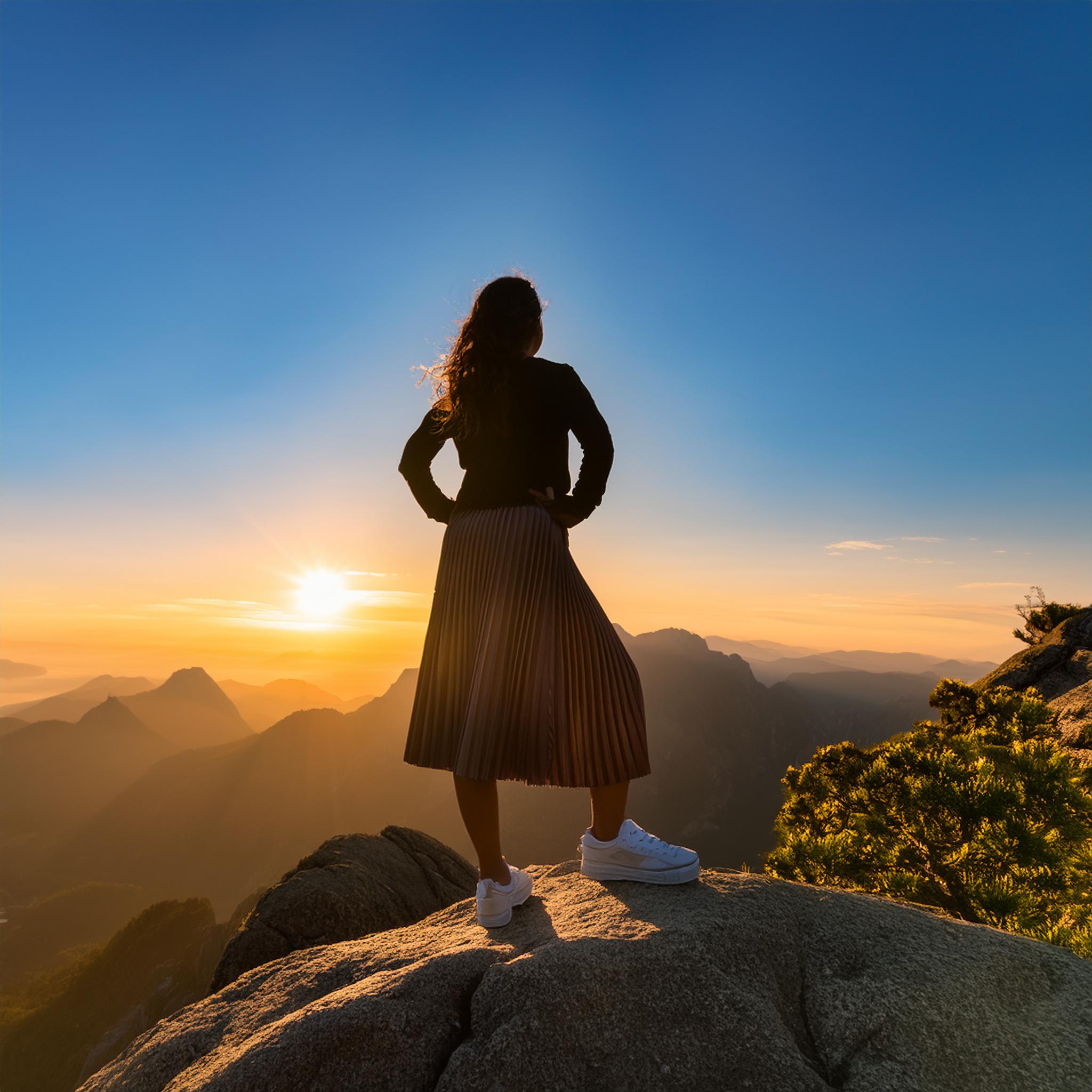 Successful young woman at the top of a financial mountain
