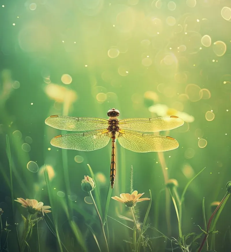 A picture of a dragon fly moving through the sun and grass - a metaphor for transformation