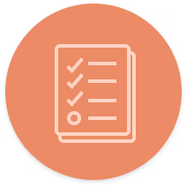 Icon of a document with checkmarks and a circle on a round orange background.