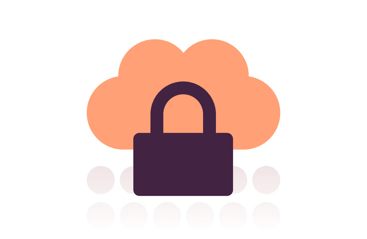 Illustration of a large lock in front of an orange cloud above network nodes representing cloud security.