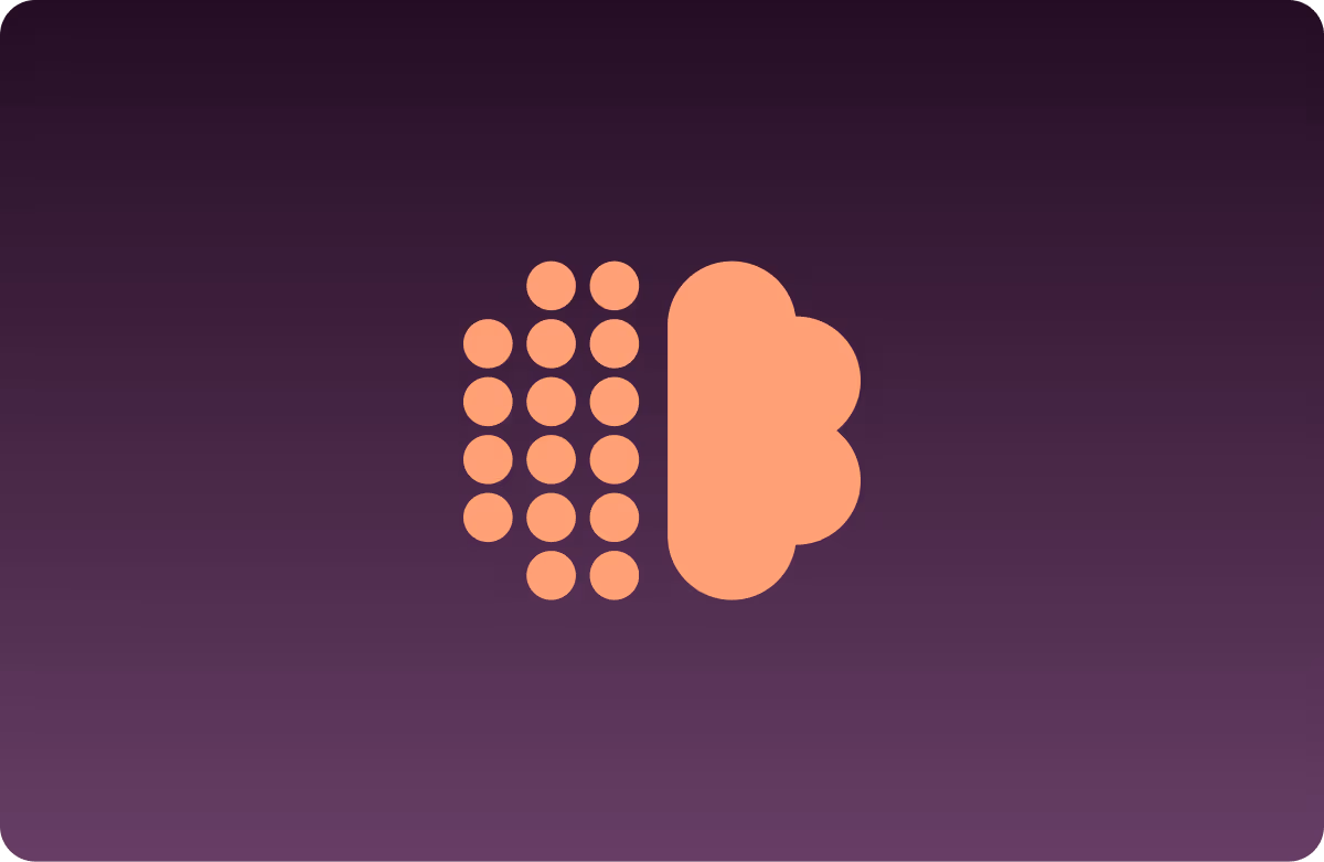 Abstract icon representing a brain with the left side composed of small circles and the right side a solid organic shape on a purple gradient background.
