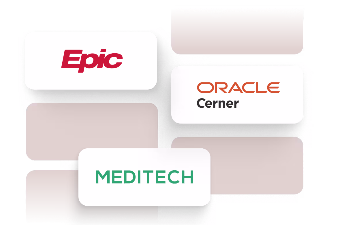 Logos of Epic, Oracle Cerner, and MEDITECH healthcare software companies on white rectangles.