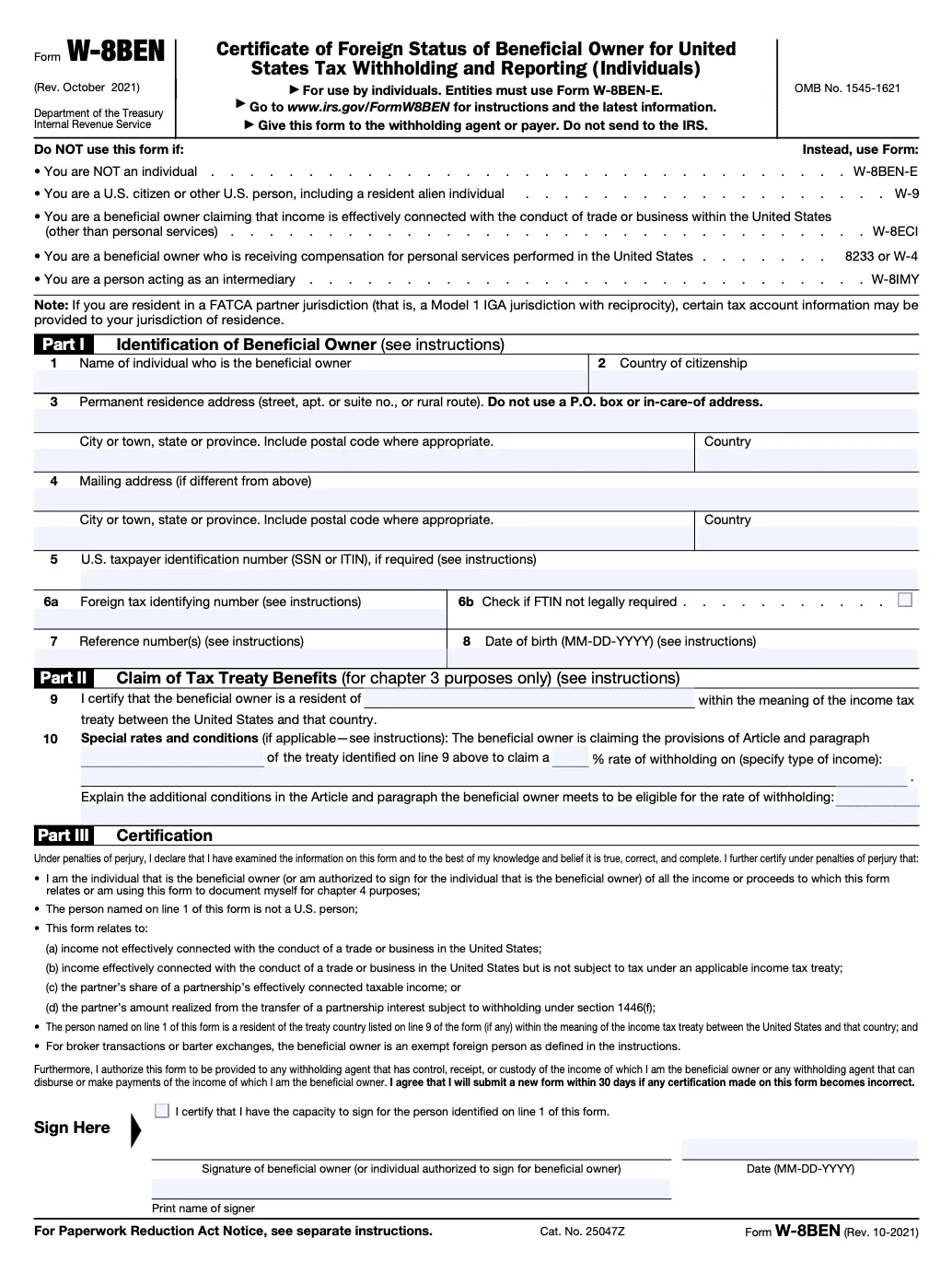 W-8 BEN Tax Form