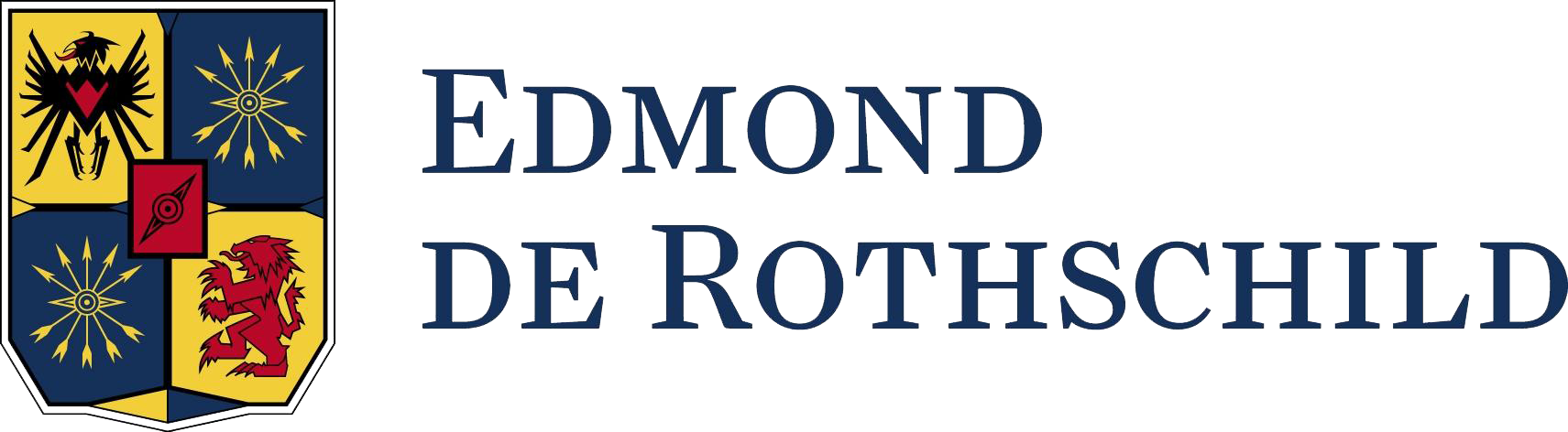 Edmond de Rothschild logo featuring a shield with a black eagle, two gold arrow symbols, a red lion, and a red square emblem, next to dark blue text.