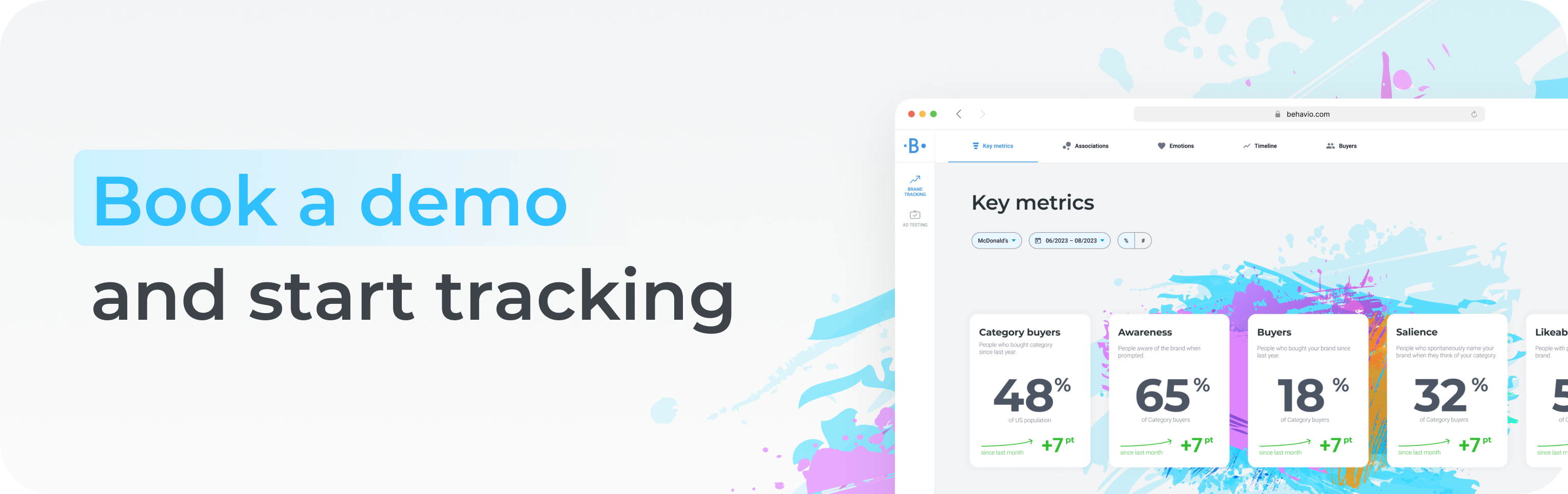 Banner with the text “Book a demo and start tracking” next to a dashboard interface showing brand tracking metrics such as category buyers, awareness, buyers, and salience with percentage values.