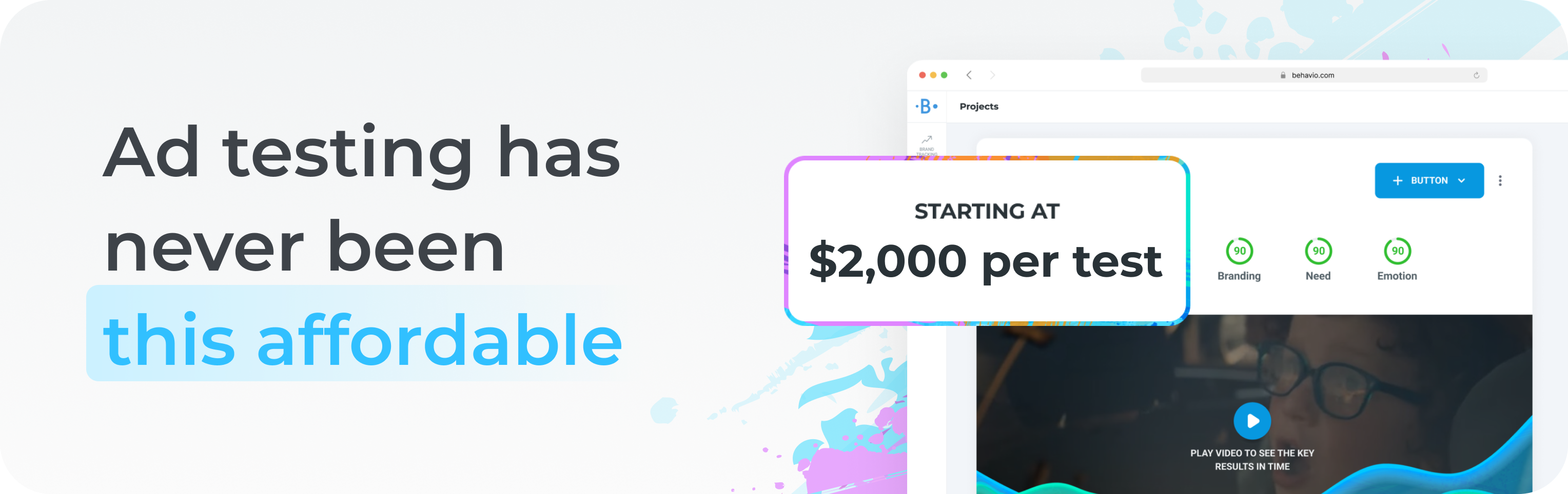 Ad banner showing text “Ad testing has never been this affordable” with a highlighted price tag “Starting at $2,000 per test,” alongside a dashboard preview displaying branding, need, and emotion scores.