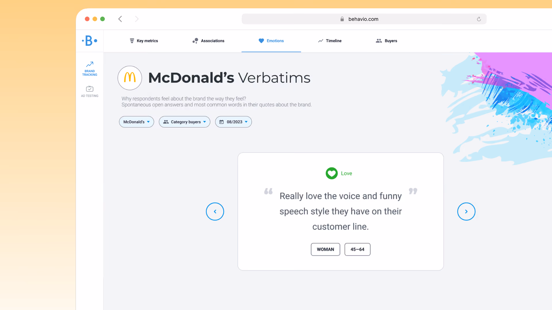 Behavio brand tracking dashboard showing McDonald's emotion verbatims, a customer quote tagged "Love" explaining why respondents feel as they do.