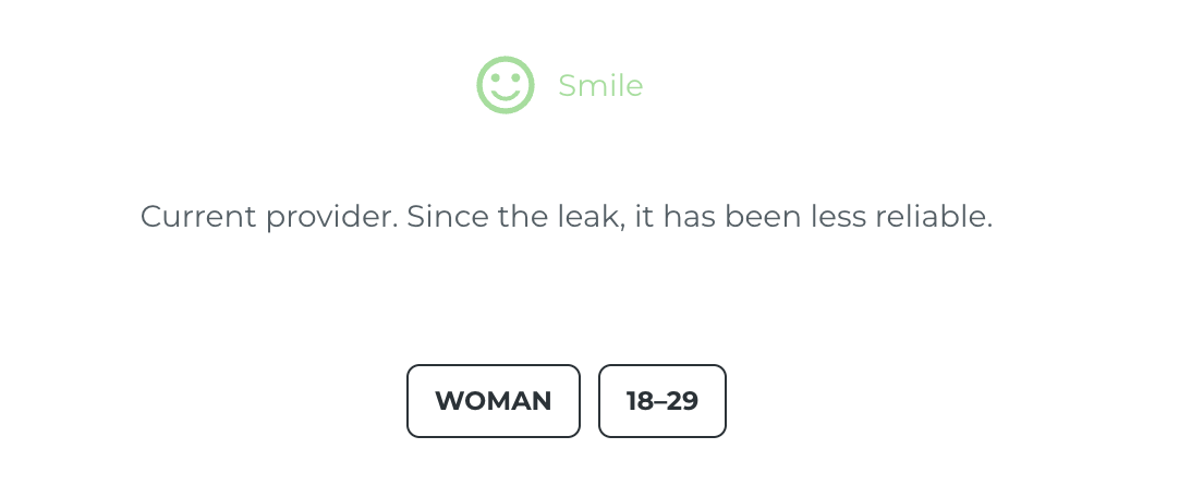 Verbatim survey response from an Odido customer, tagged with the "Smile" emotion. The quote reads: "Current provider. Since the leak, it has been less reliable." Respondent is a woman aged 18–29.