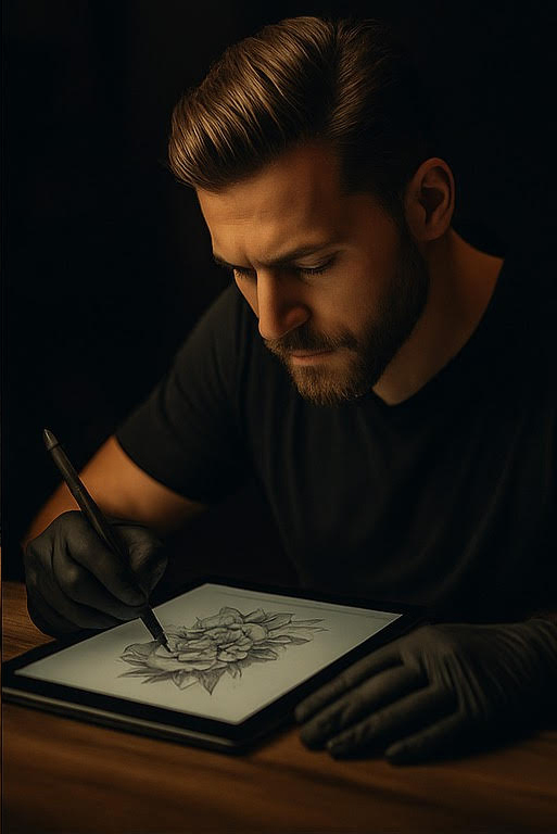 	 Tattoo-Künstler erstellt eine digitale Vorlage für Realistic Tattoos im Avantgarde Tattoo Studio München.