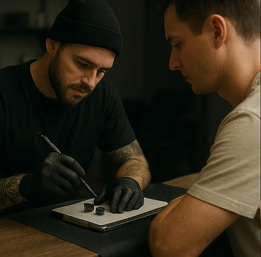 Realistische Darstellung einer Tattoo-Session in vier Schritten: Beratung, Planung, Vorbereitung und Tätowieren mit farbigen Details.