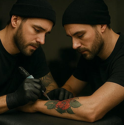 Realistische Darstellung einer Tattoo-Session in vier Schritten: Beratung, Planung, Vorbereitung und Tätowieren mit farbigen Details.
