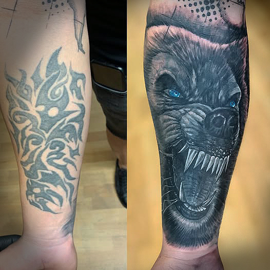 Wolf Cover-Up Tattoo in München – altes Tattoo perfekt überarbeitet von Kristiyan Mihaylov.