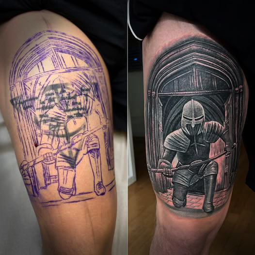 Tattoo Sleeve Cover-Up – komplettes Bein-Design für großflächige Tattoos, München.