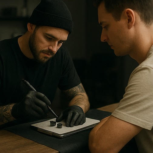 In München Tattoo Studio Vorlage kleben und Farben vorbereiten Avantgarde Studio 