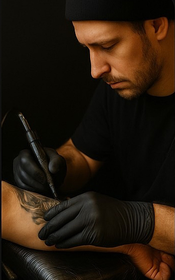 Künstler tätowiert präzise Linien während einer mehrstündigen Sleeve-Session auf dem Unterarm eines Kunden.