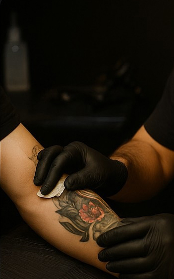 Nach der Abheilung überprüft der Tattoo-Künstler Linien und Schattierungen und führt letzte Korrekturen durch.