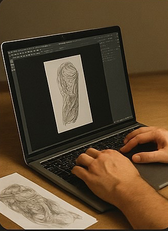 Tattoo-Entwurf eines Sleeve Designs wird am Laptop angepasst, um Form und Verlauf zu optimieren.