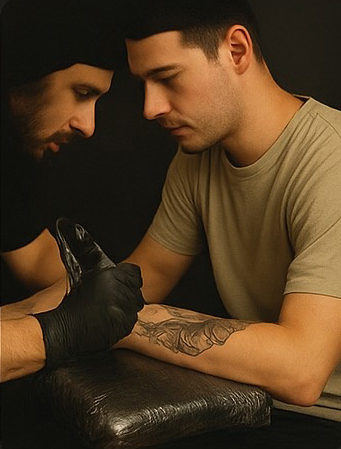 Tattoo-Künstler tätowiert konzentriert ein komplexes Motiv mit präzisen Linien und Schattierungen.