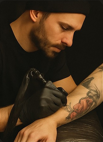 Künstler reinigt frisch gestochenes Tattoo und prüft das Ergebnis während der Nachsorgephase.