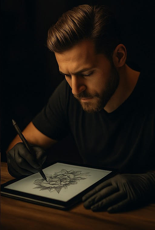 Tattoo-Künstler erstellt eine digitale Vorlage für Realistic Tattoos im Avantgarde Tattoo Studio München.