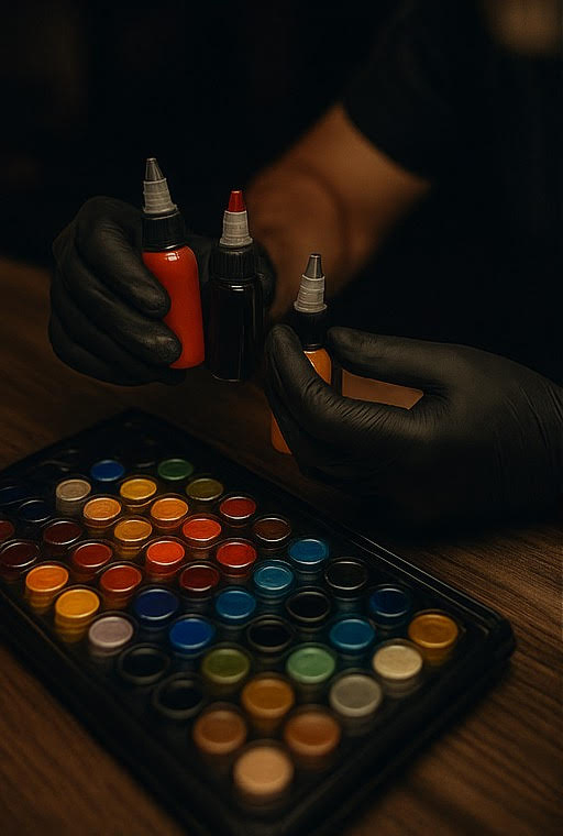 Auswahl von Tattoo-Farben und Schattierungen im Avantgarde Tattoo Studio München.