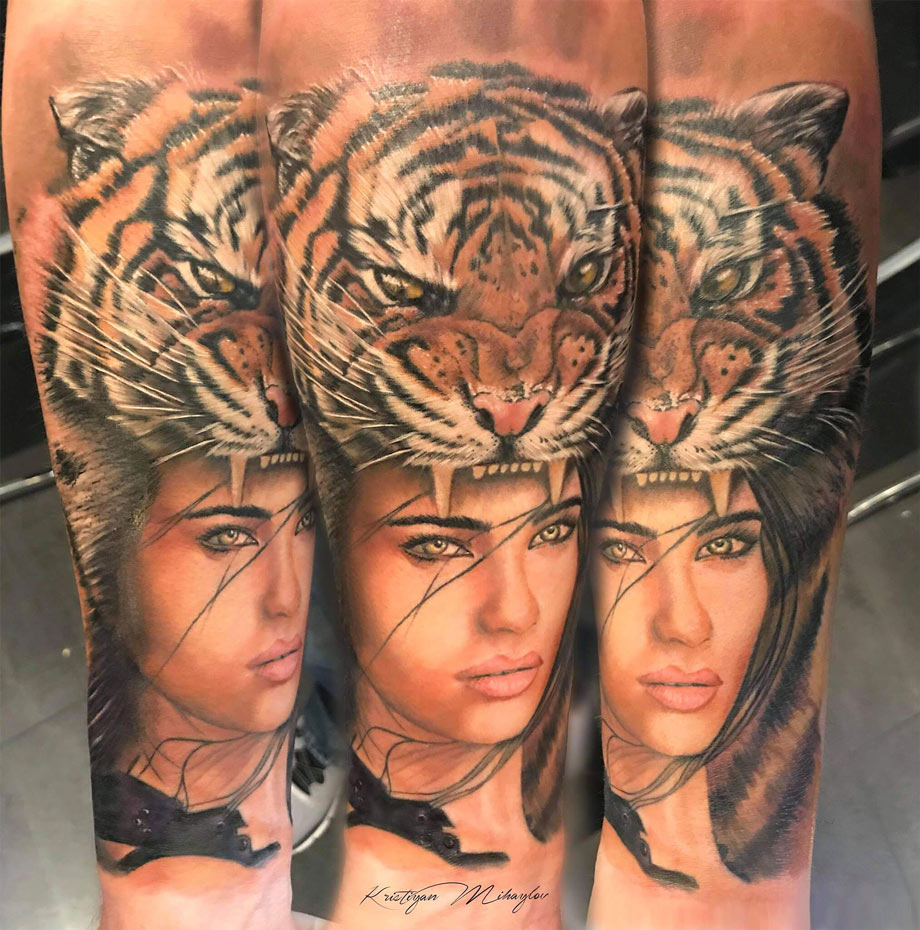 Farbiger Bein-Tattoo-Sleeve aus München vom Avantgarde Tattoo Studio