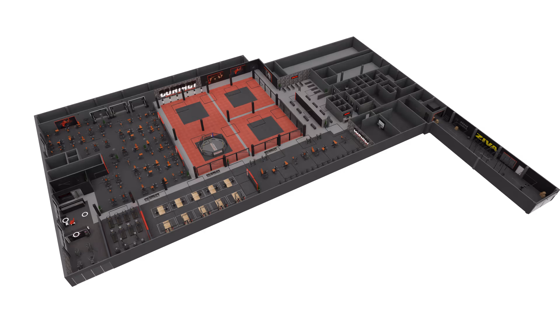 3D-Grundriss eines Fitnessstudios mit Trainingsräumen, Geräten, und Aufenthaltsbereichen.