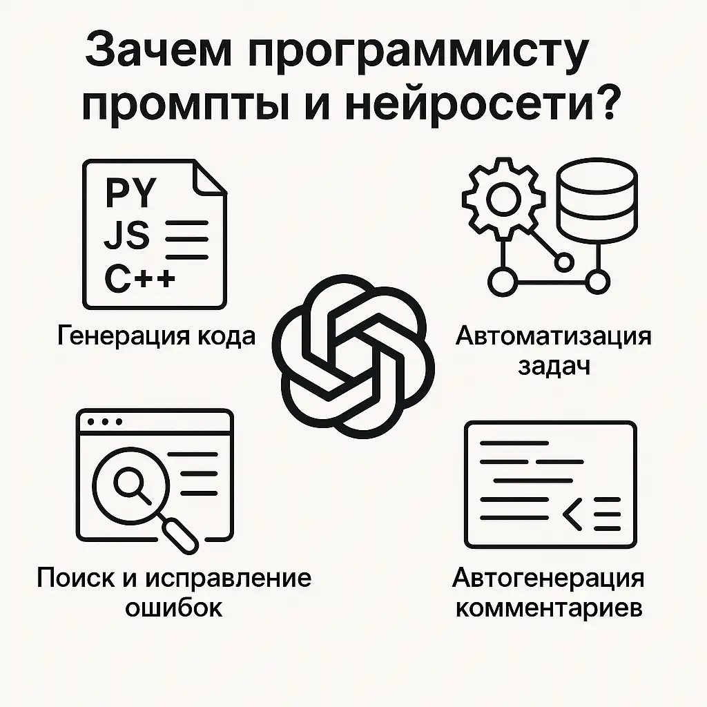 Инфографика: заголовок «Зачем программисту промпты и нейросети?», логотип ChatGPT в центре и четыре иконки с подписями: генерация кода, автоматизация задач, поиск ошибок, автогенерация комментариев.