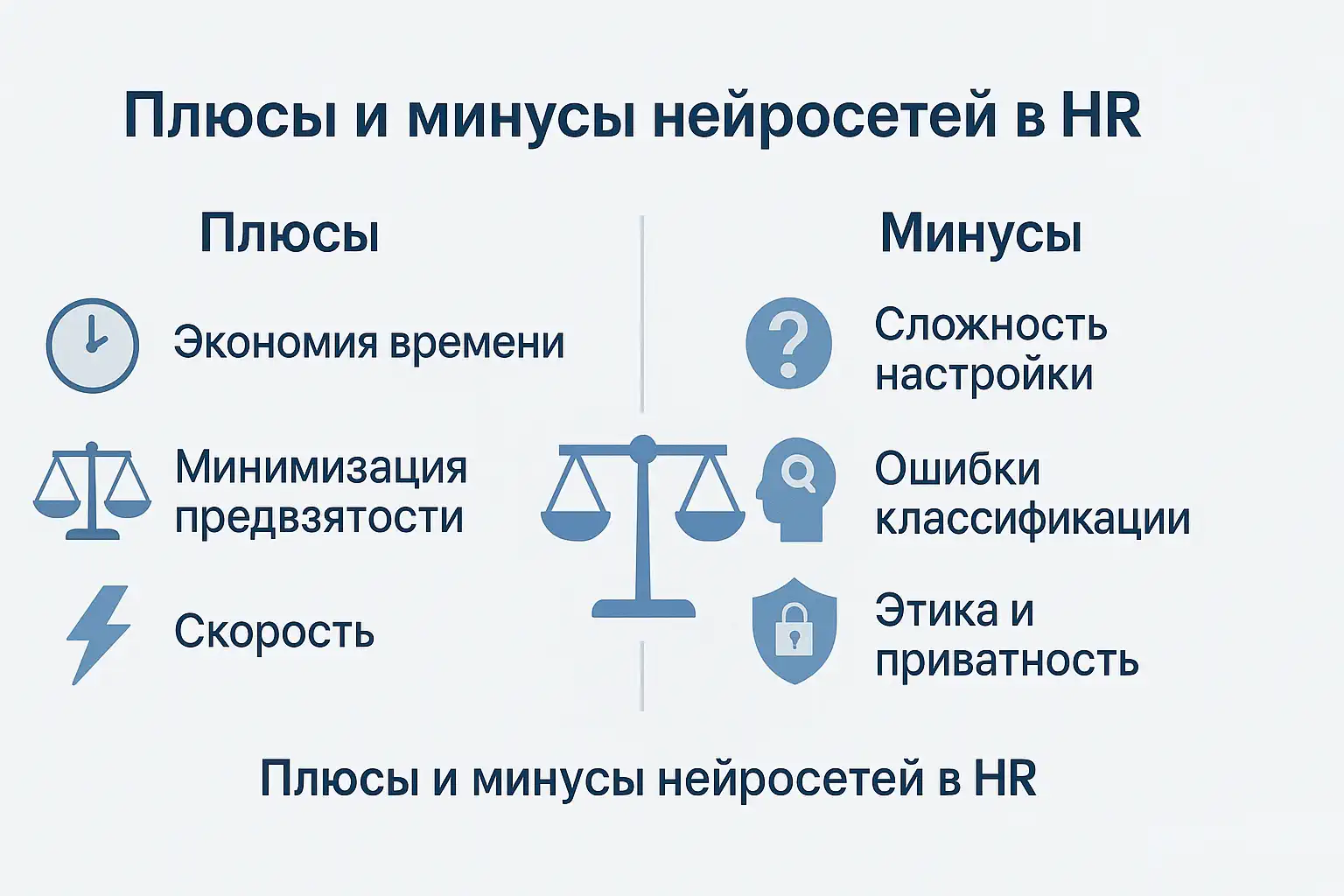 Инфографика «Плюсы и минусы нейросетей в HR»: слева указаны плюсы с иконками (экономия времени, минимизация предвзятости, скорость), справа минусы (сложность настройки, ошибки классификации, этика и приватность); в центре изображены весы.