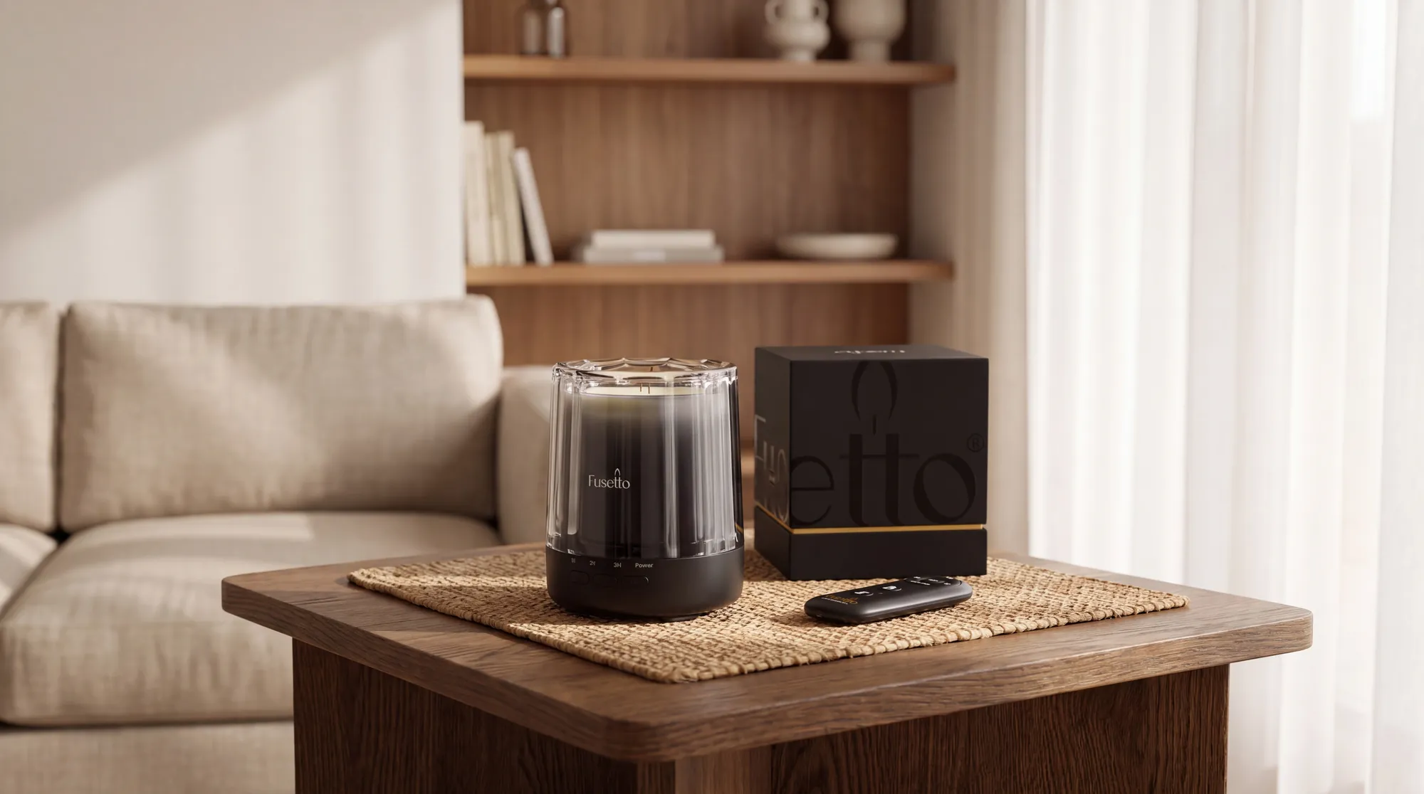Fusetto kaars met Clear Glass kap, giftbox en afstandsbediening op een bijzettafel in een woonkamer, sfeerbeeld uit de Nova digital twin
