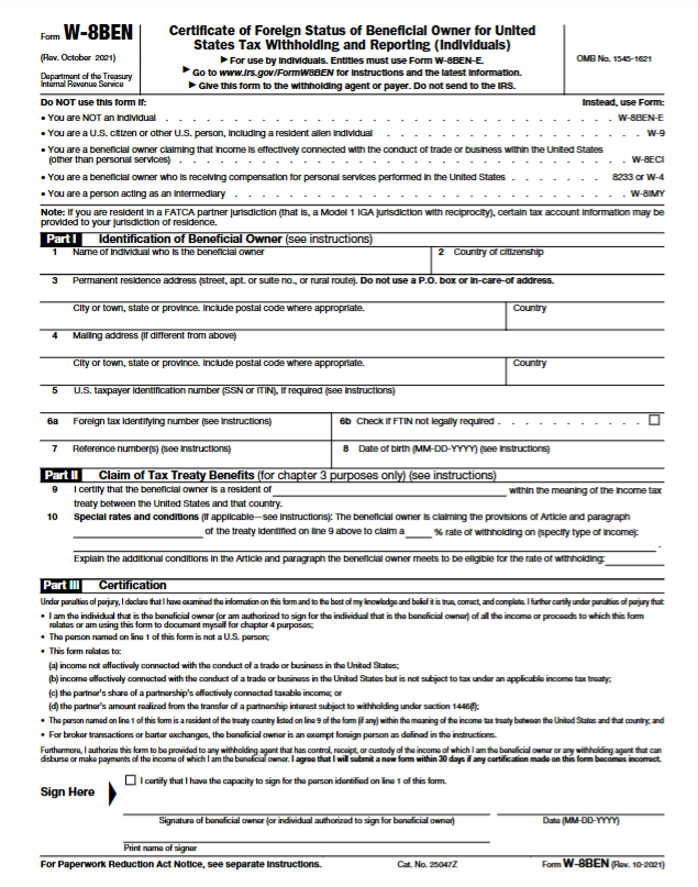 W-8 BEN form 2025