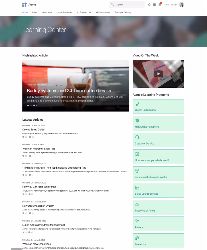 intranet example with a learning center
