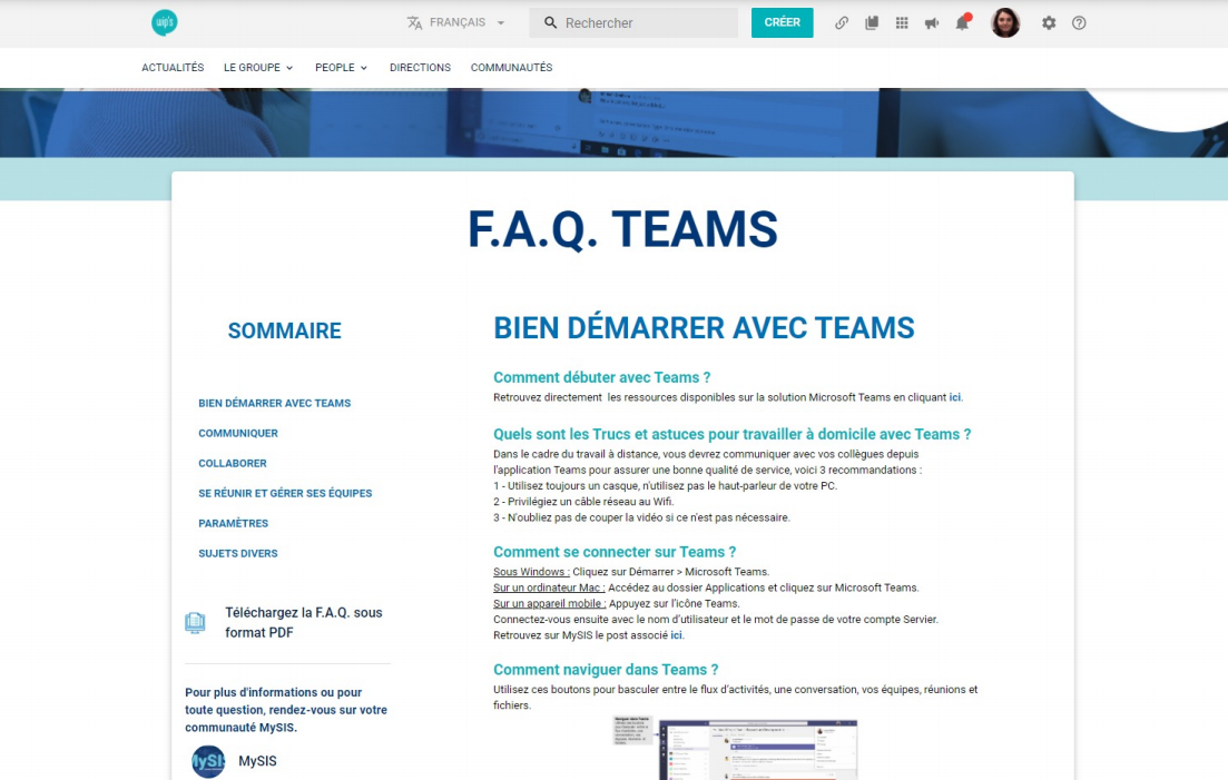 screenshot of intranet showing FAQ for teams page