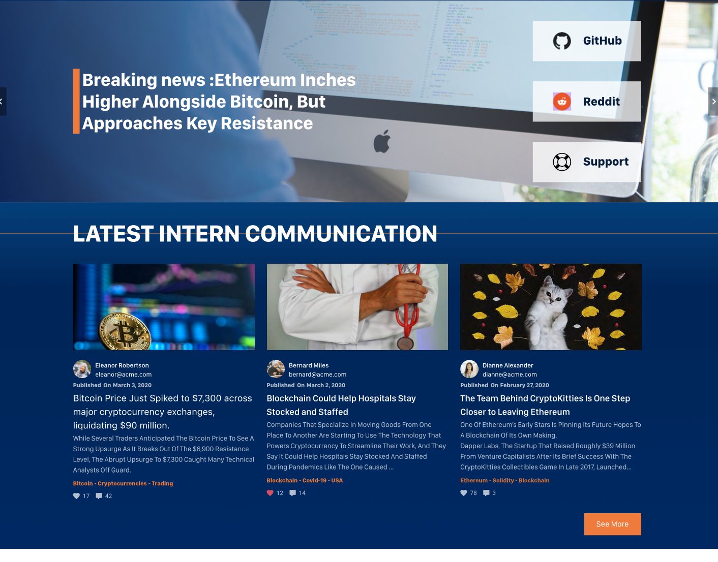 screenshot showing intranet homepage with breaking news