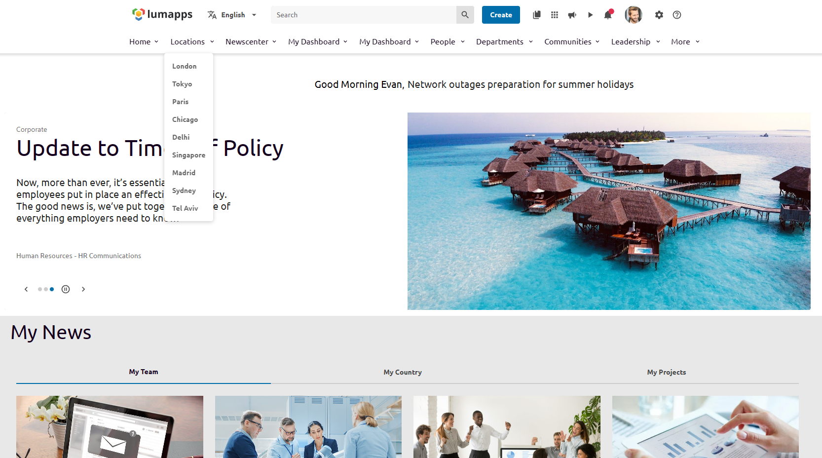 screenshot of a multi-site intranet navigation