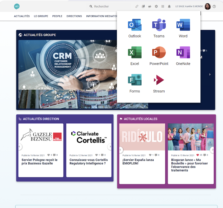 screenshot showing intranet with integrations in dashboard